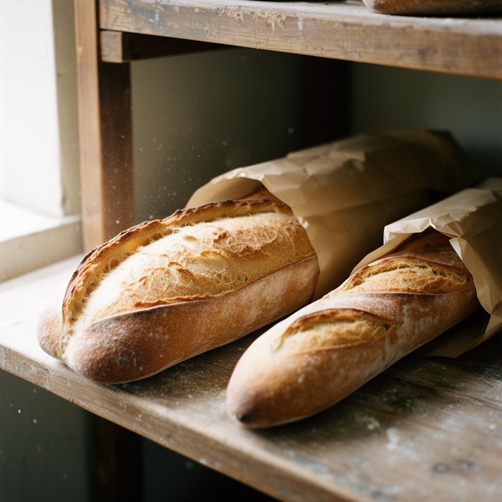 Ciabatta and baguettes in brown paper on a wooden bakery shelf