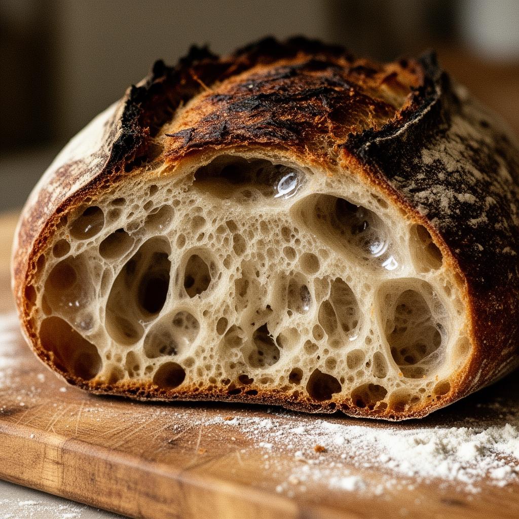 Cross-section of a sourdough loaf showing an open, airy crumb structure