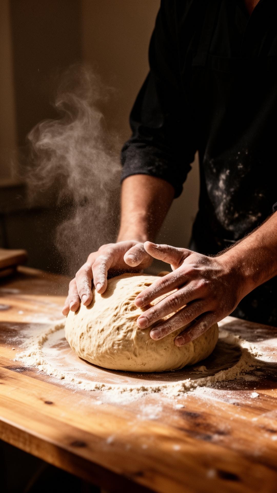 Floured hands shaping a sourdough boule on a wooden bench