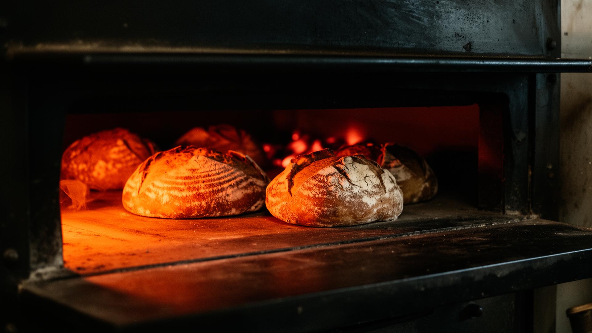 Loaves baking inside a glowing deck oven